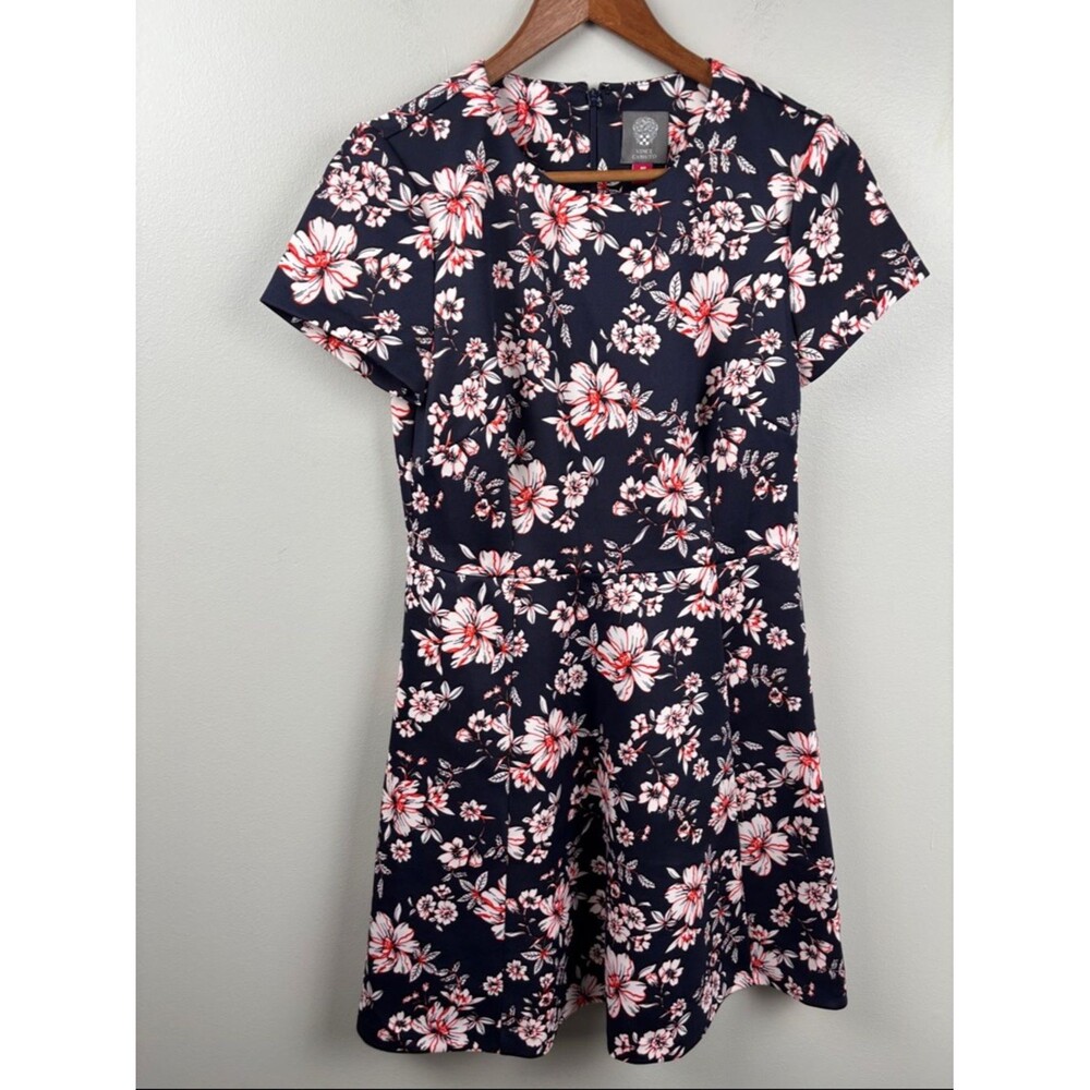 Vince Camuto Navy Floral Cap Sleeve Dress with Coral Accents 8 petite Classic